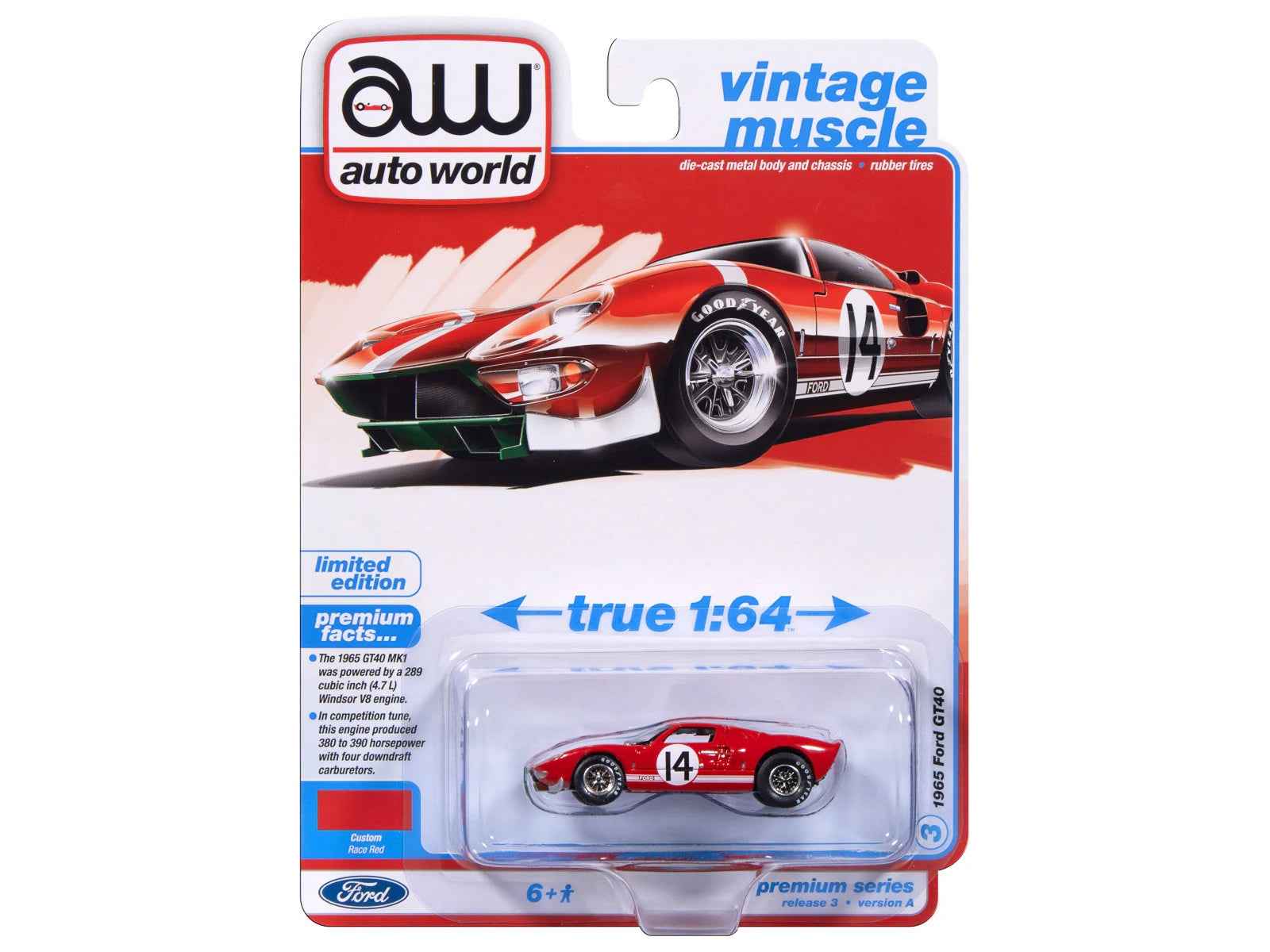 1965 Ford GT40 #14 Red with White Stripes "Vintage Muscle" Series 1/64 Diecast Model Car by Auto World