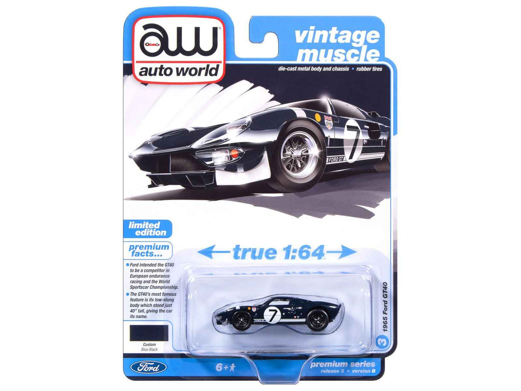 1965 Ford GT40 #7 Blue Black with White Stripes "Vintage Muscle" Series 1/64 Diecast Model Car by Auto World