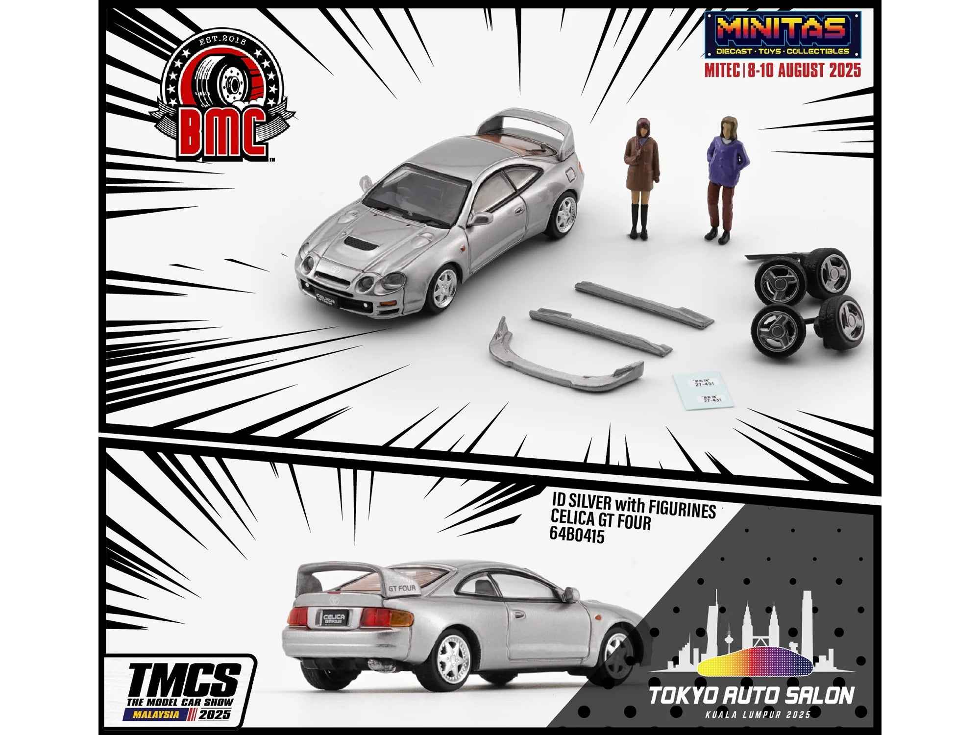 Toyota Celica GT-Four RHD (Right Hand Drive) ID Silver Metallic with 2 Figures and Accessories 1/64 Diecast Model Car by BM Creations