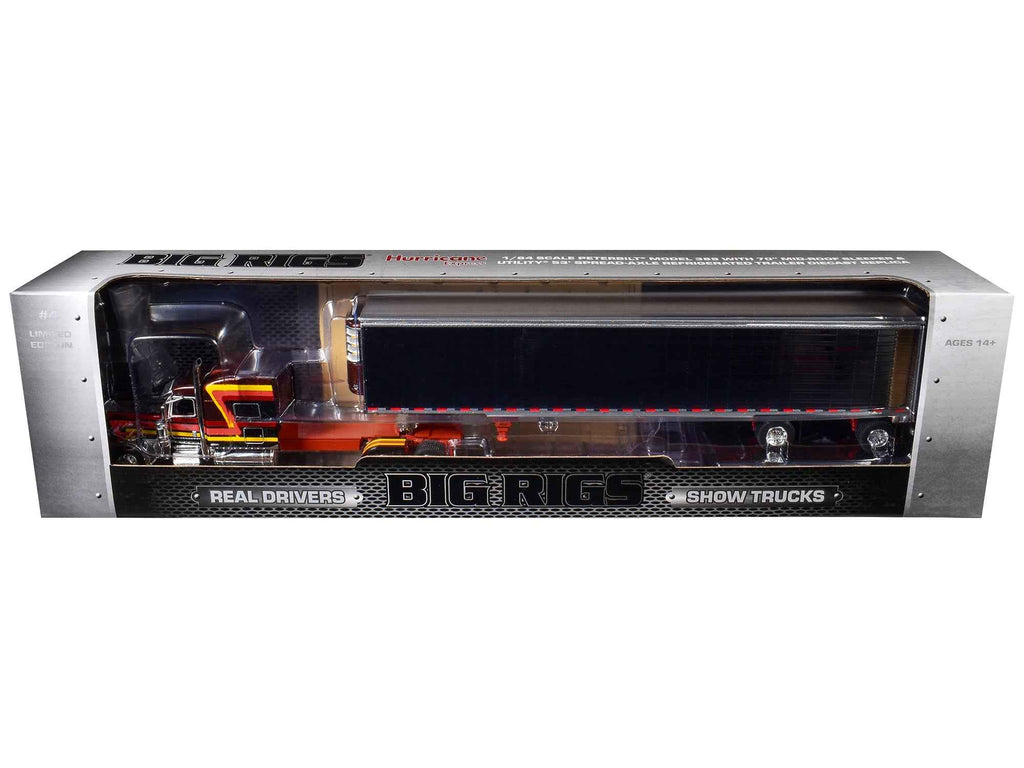 Peterbilt 389 Pride-N-Class with 70" Mid-Roof Sleeper and 53' Utility Trailer with Reefer "Hurricane Express" Brown with Stripes "Big Rigs" Series II #4 1/64 Diecast Model by DCP/First Gear