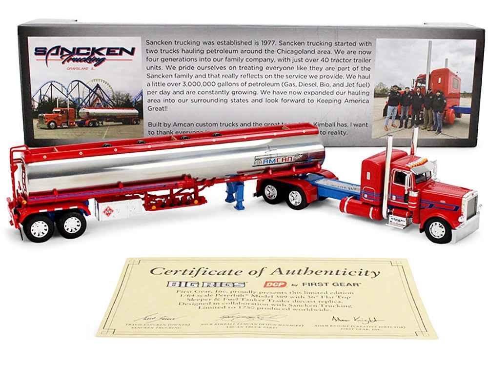 Peterbilt 389 with 36" Flat Top Sleeper and Heil Fuel Tank Trailer "Sancken Custom Truck by Amcan" Red "Big Rigs" Series II #3 1/64 Diecast Model by DCP/First Gear