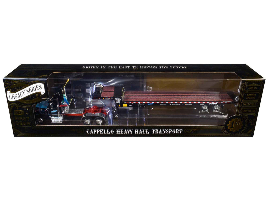 Ford LTL 9000 Day Cab and Landoll 440B-50CA Traveling Axle Trailer "Cappello Heavy Transport" Black with Blue Hood "Legacy" Series #3 1/64 Diecast Model by DCP/First Gear
