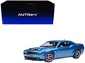 2023 Dodge Challenger SRT Super Stock Frostbite Blue Metallic with Carbon Stripes 1/18 Model Car by Autoart