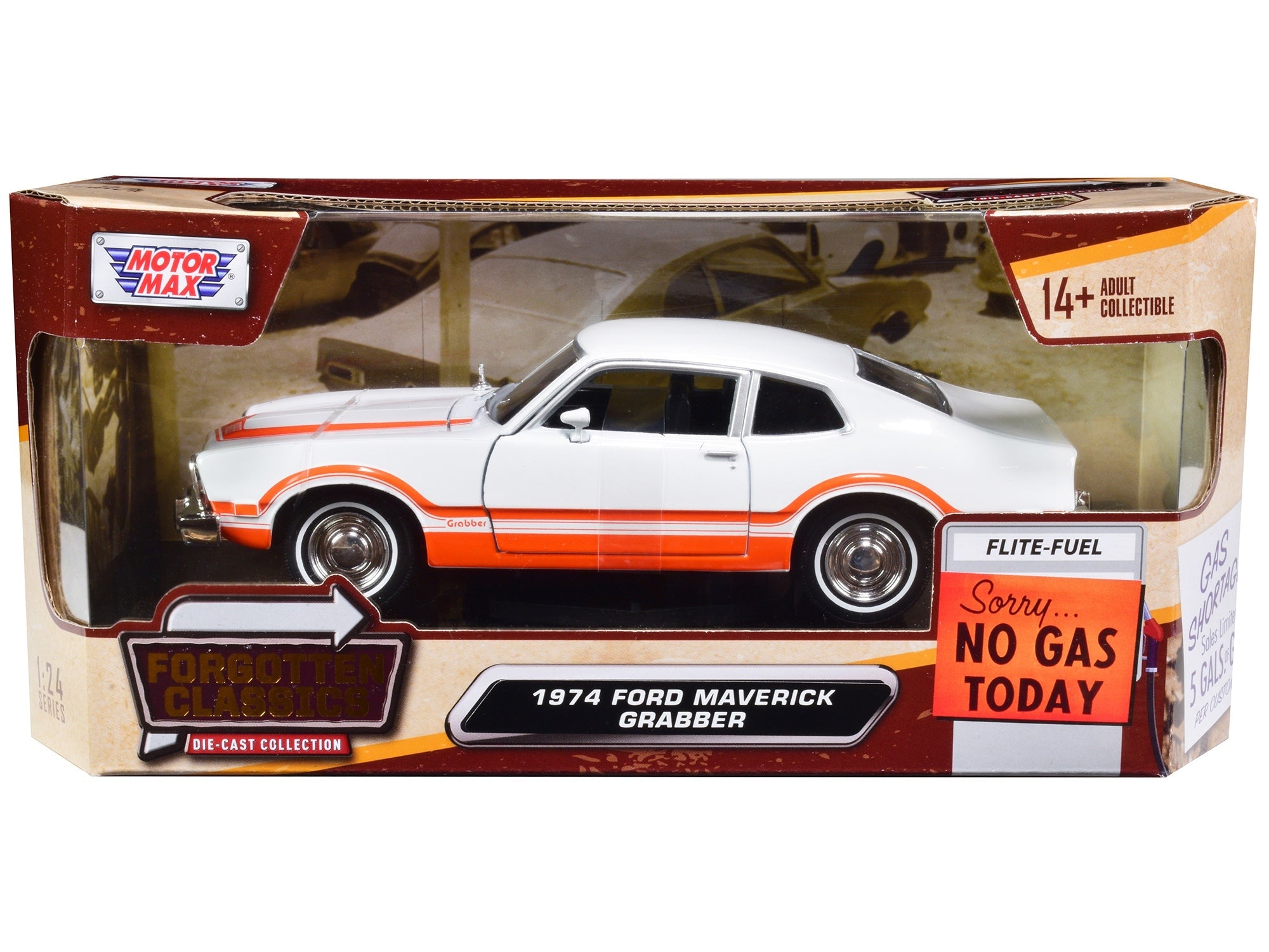 Top-Pick | 1974 Ford Maverick Grabber White with Orange Stripes "Forgotten Classics" Series 1/24 Diecast Model Car by Motormax