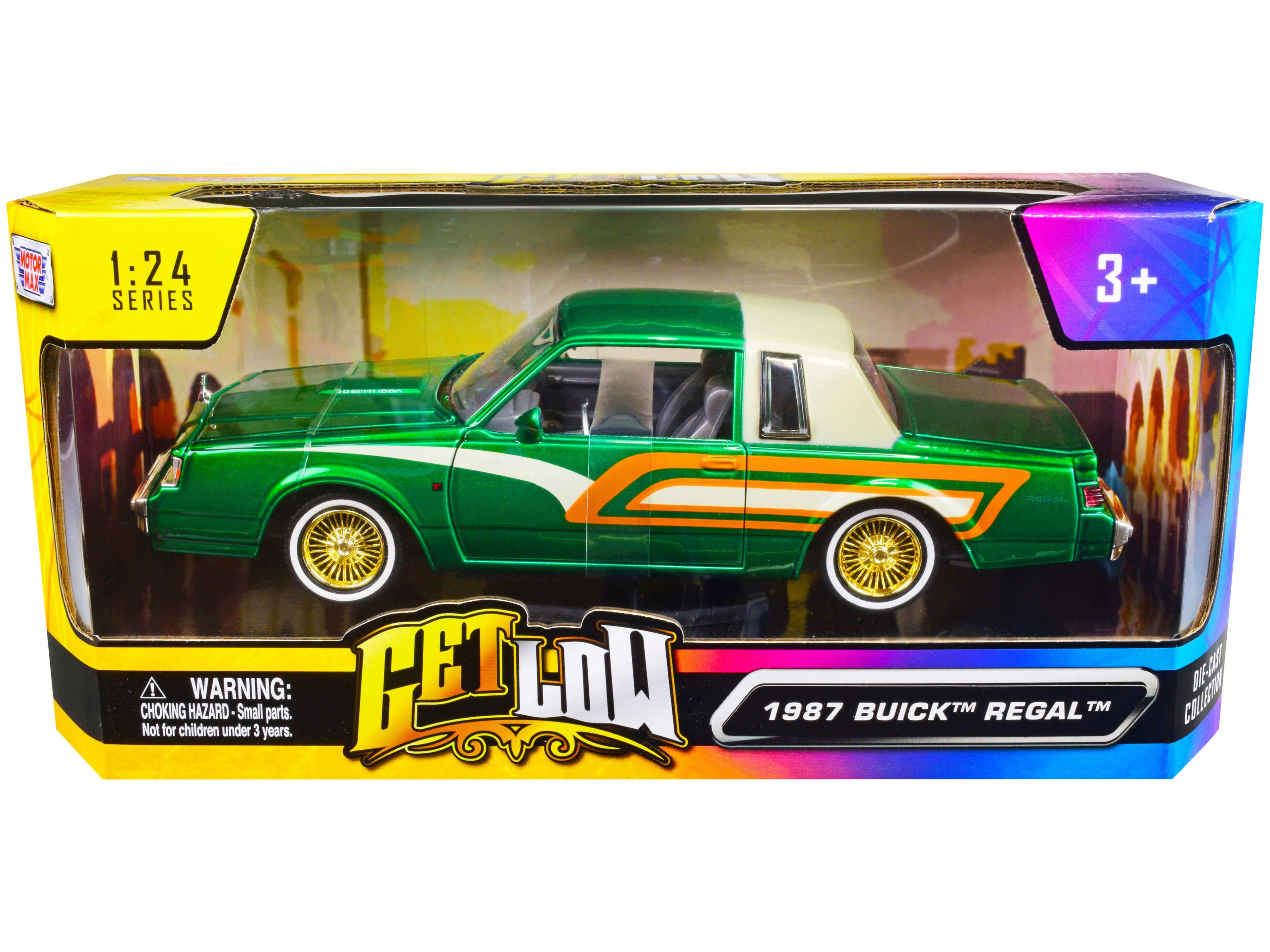 Top-Pick | 1987 Buick Regal 3.8 SFI Turbo Green Metallic and Cream with Graphics "Get Low" Series 1/24 Diecast Model Car by Motormax