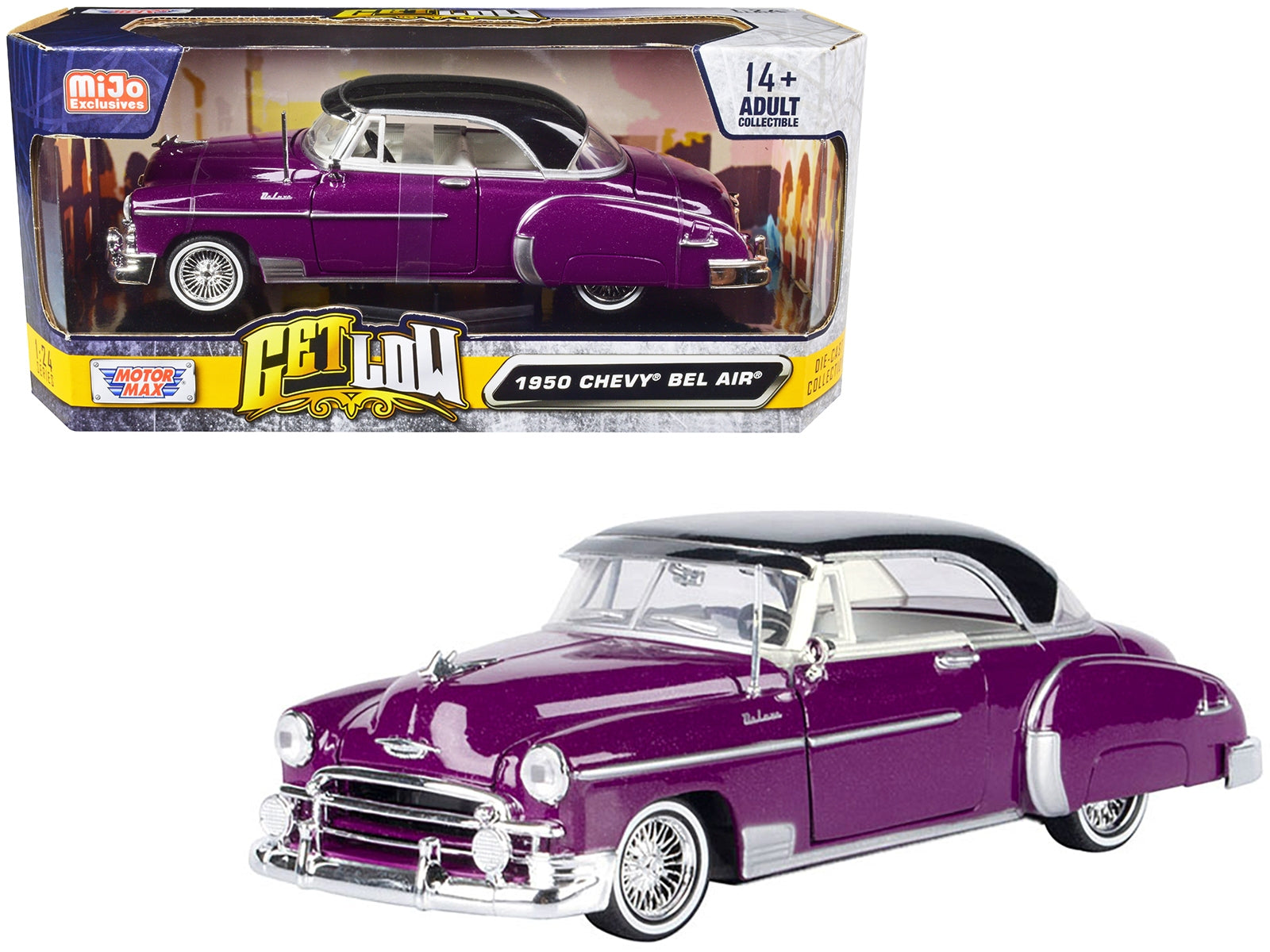 Top-Pick | 1950 Chevrolet Bel Air Lowrider Purple Metallic with Black Top and White Interior "Get Low" Series 1/24 Diecast Model Car by Motormax