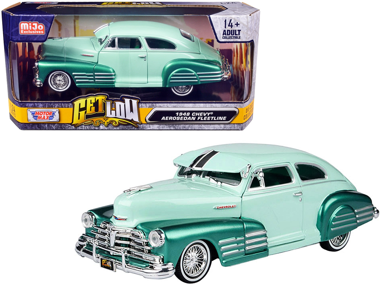 Top-Pick | 1948 Chevrolet Aerosedan Fleetside Lowrider Pastel Green and Green Metallic Two-Tone "Get Low" Series 1/24 Diecast Model Car by Motormax