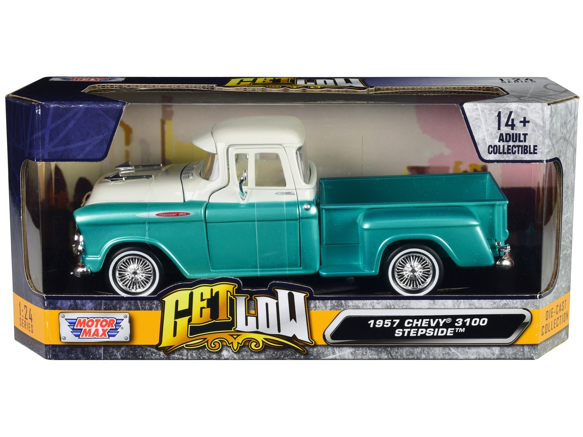 Top-Pick | 1957 Chevrolet 3100 Stepside Pickup Truck Lowrider Turquoise Metallic and White with White Interior "Get Low" Series 1/24 Diecast Model Car by Motormax