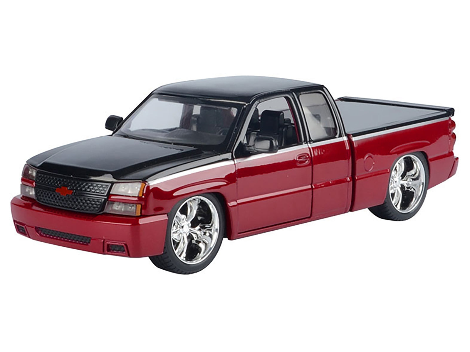 2006 Chevrolet Silverado Custom Pickup Truck Red Metallic and Black with Silver Stripes "Die-Cast Collection" Series 1/25 Diecast Model Car by Motormax