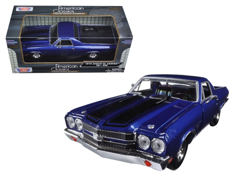 Top-Pick | 1970 Chevrolet El Camino SS 396 Dark Blue Metallic with Black Stripes 1/24 Diecast Model Car by Motormax