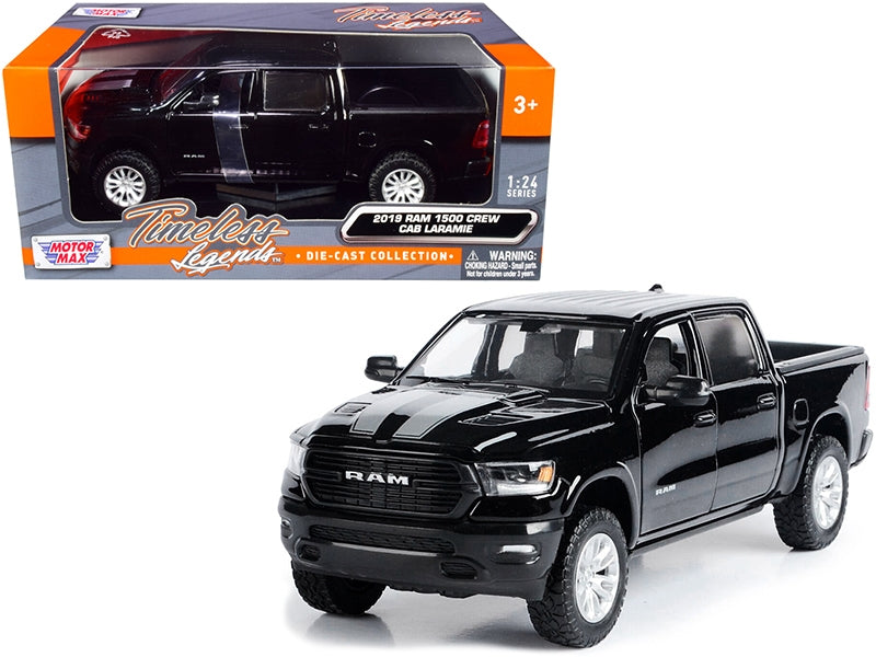 Top-Pick | 2019 RAM 1500 Laramie Crew Cab Pickup Truck Black with Silver Stripes 1/24 Diecast Model Car by Motormax