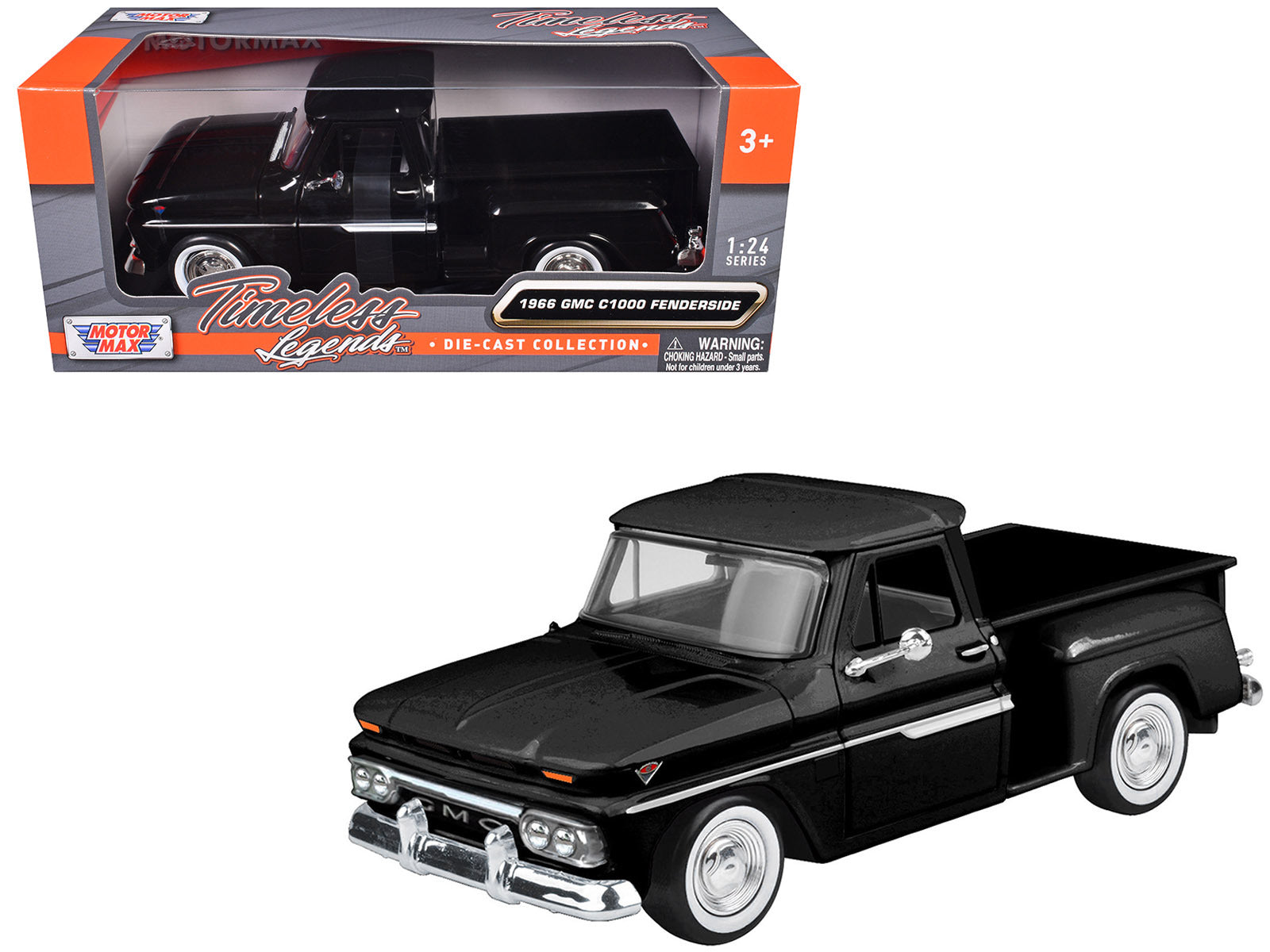 1966 GMC C1000 Fenderside Pickup Truck Black "Timeless Legends" Series 1/24 Diecast Model Car by Motormax