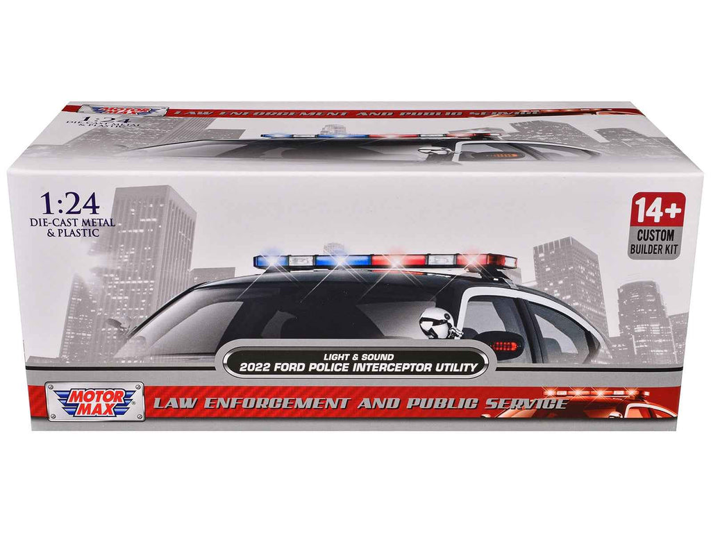 2022 Ford Police Interceptor Utility Black and White "Builder's Kit" with Flashing Light Bar and Front and Rear Lights and Sounds 1/24 Diecast Model Car by Motormax