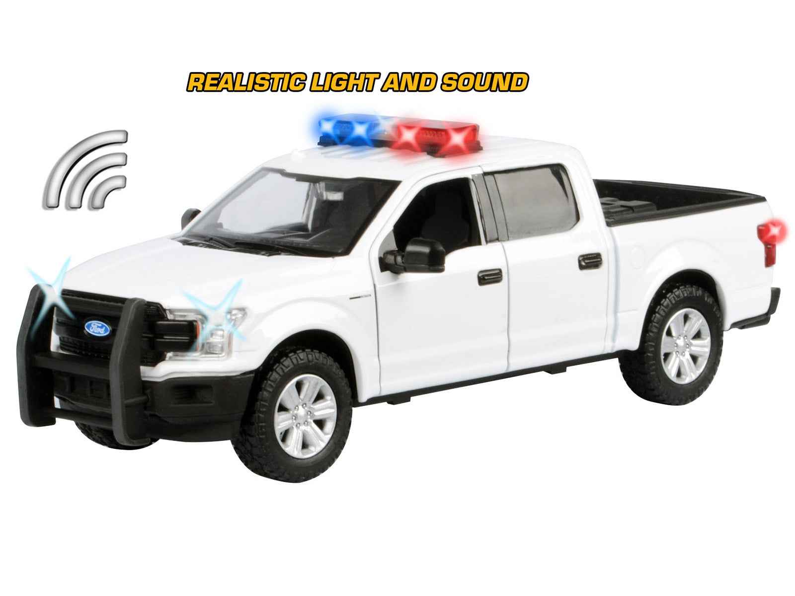 2019 Ford F-150 Lariat Crew Cab Pickup Truck White with Flashing Light Bar and Front and Rear Lights and Sounds 1/27 Diecast Model Car by Motormax