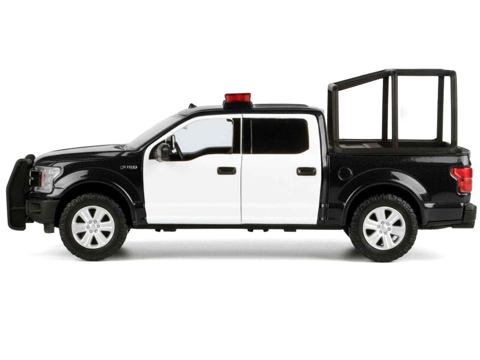 2019 Ford F-150 Lariat Crew Cab Pickup Truck with Bed Cage Black and White with Flashing Light Bar and Front and Rear Lights and Sounds 1/27 Diecast Model Car by Motormax