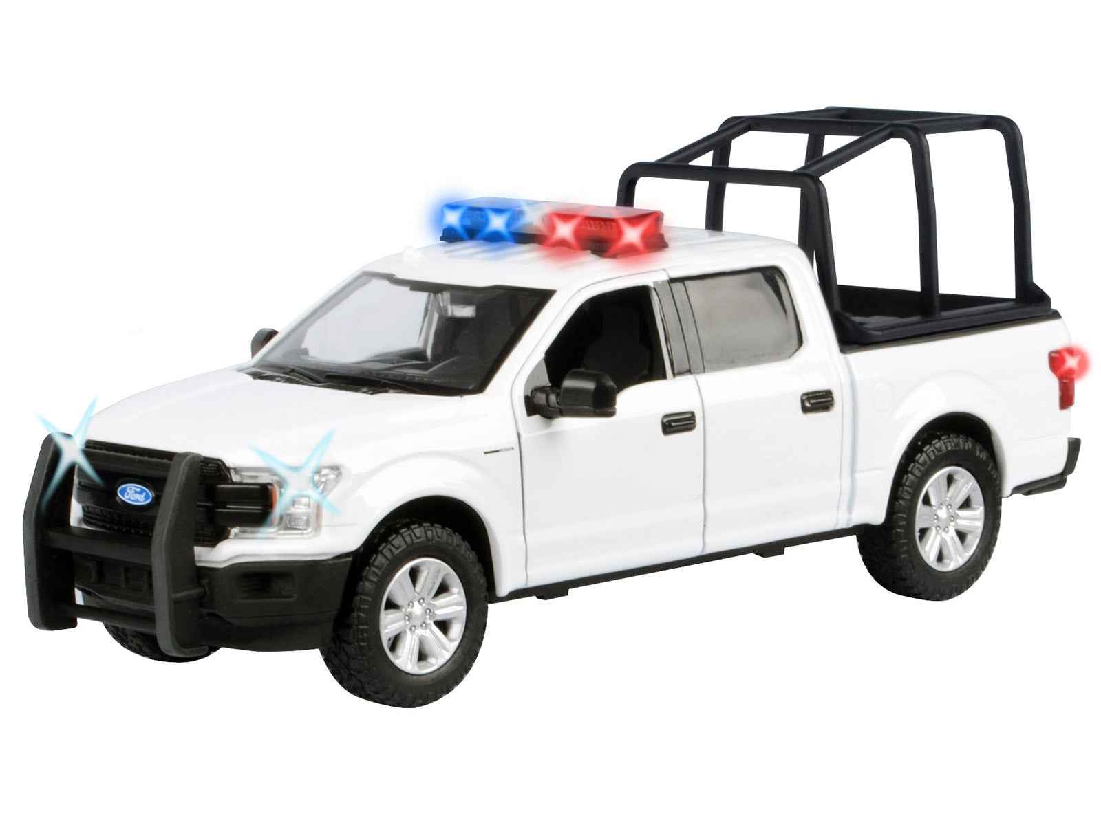 2019 Ford F-150 Lariat Crew Cab Pickup Truck with Bed Cage White with Flashing Light Bar and Front and Rear Lights and Sounds 1/27 Diecast Model Car by Motormax