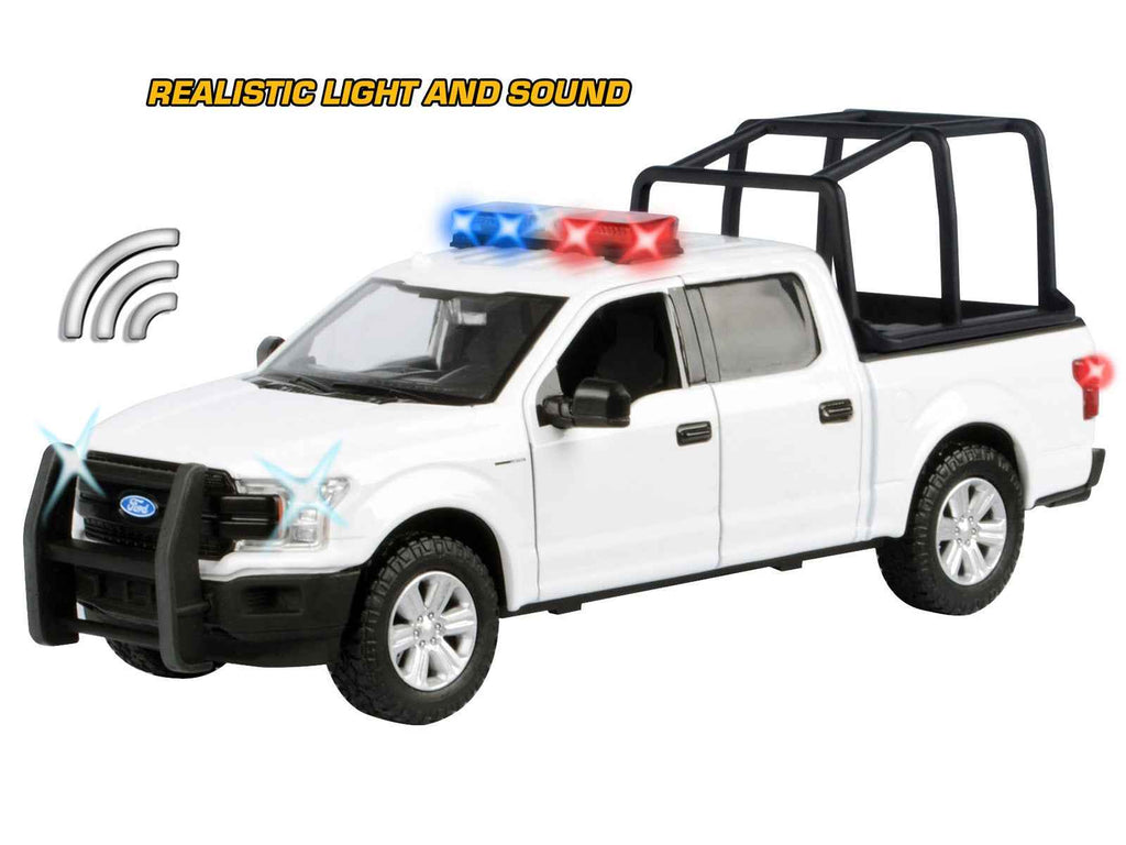 2019 Ford F-150 Lariat Crew Cab Pickup Truck with Bed Cage White with Flashing Light Bar and Front and Rear Lights and Sounds 1/27 Diecast Model Car by Motormax