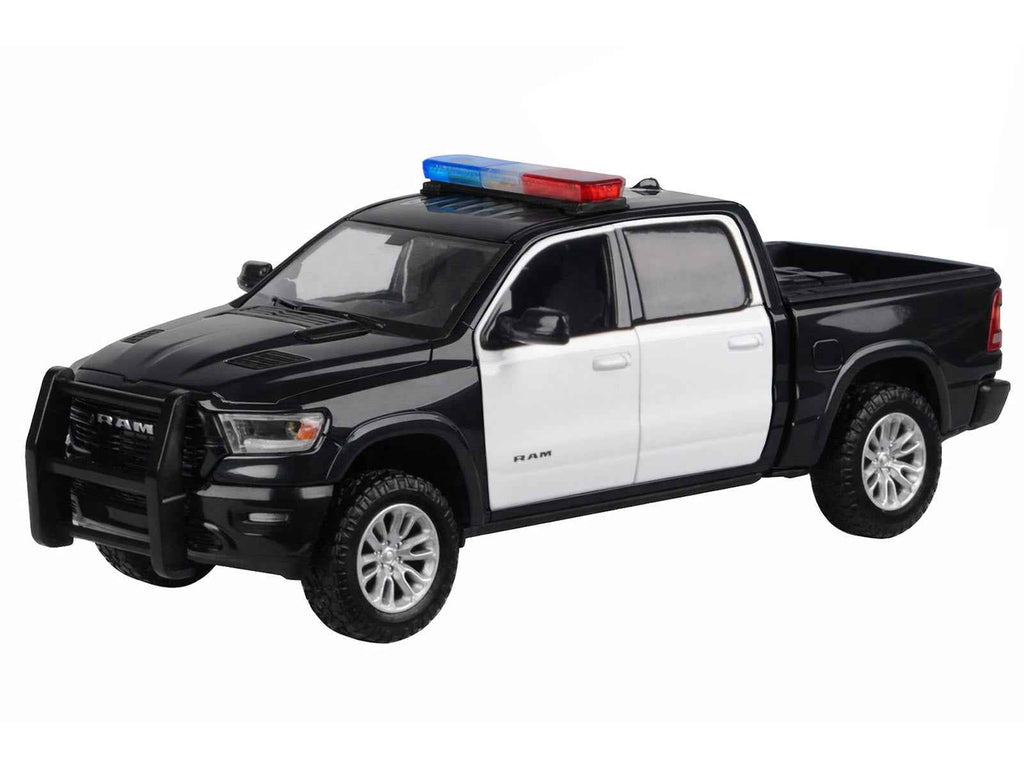 2019 RAM 1500 Laramie Crew Cab Pickup Truck Black and White with Flashing Light Bar and Front and Rear Lights and Sounds 1/27 Diecast Model Car by Motormax