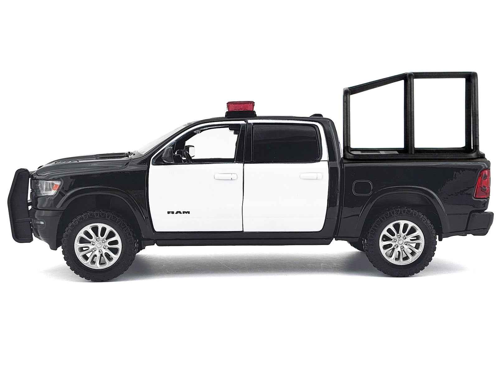 2019 RAM 1500 Laramie Crew Cab Pickup Truck with Bed Cage Black and White with Flashing Light Bar and Front and Rear Lights and Sounds 1/27 Diecast Model Car by Motormax