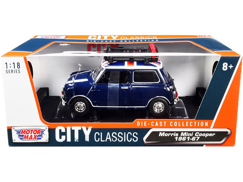 Top-Pick | 1961-1967 Morris Mini Cooper RHD (Right Hand Drive) Dark Blue with British Flag on the Top and Roof Rack "City Classics" Series 1/18 Diecast Model Car by Motormax