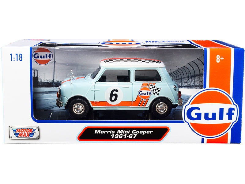 Top-Pick | 1961-1967 Morris Mini Cooper RHD (Right Hand Drive) #6 "Gulf Oil" Light Blue with Orange Stripes and Checkered Top "City Classics" Series 1/18 Diecast Model Car by Motormax