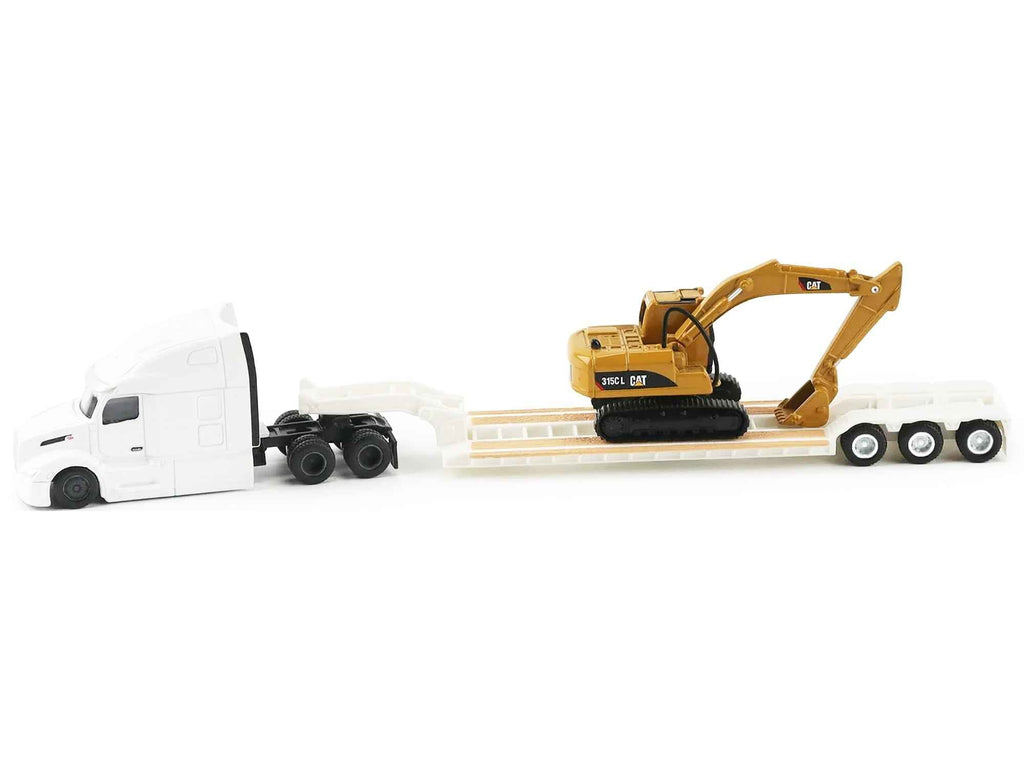 Peterbilt 579 Tractor White with Lowboy Trailer and CAT 315C Excavator Yellow 1/87 (HO) Diecast Model by Diecast Masters