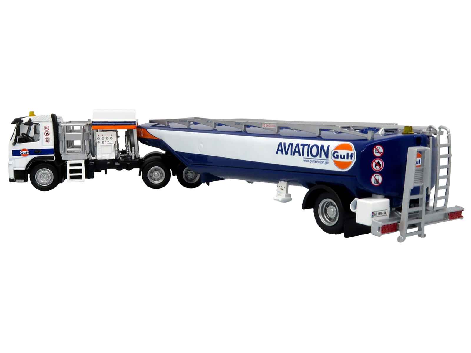 Volvo FM500 with Esterer Aviation Refueling Tanker Truck "Gulf Aviation" White with Blue Stripes Limited Edition 1/87 (HO) Diecast Model by Iconic Replicas