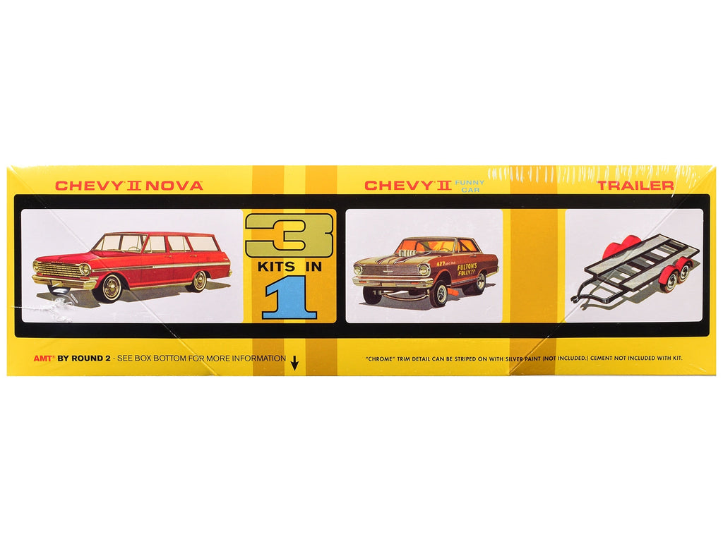 Skill 2 Model Kit Indy Drag Combo Chevrolet II Wagon and Funny Car with Trailer 3 in 1 Set 1/25 Scale Model by AMT