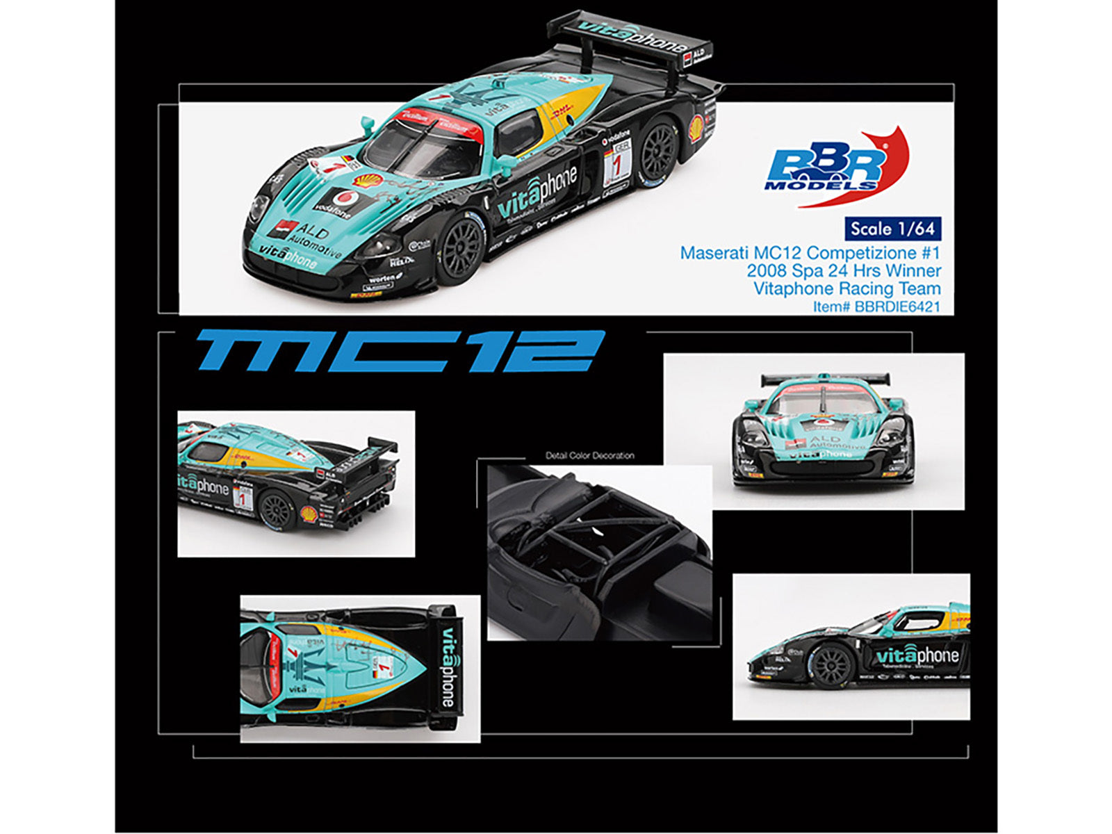Maserati MC12 Competizione #1 Michael Bartels - Andrea Bertolini - Eric van de Poele - Stephane Sarrazin "Vitaphone Racing Team" Winner "24 Hours of Spa" (2008) 1/64 Diecast Model Car by BBR