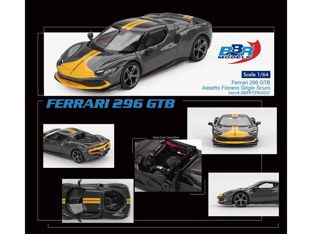 Ferrari 296 GTB Assetto Fiorano Grigio Scuro (Dark Gray) with Yellow Stripes 1/64 Diecast Model Car by BBR
