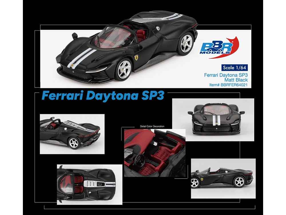 Ferrari Daytona SP3 Matt Black with White Stripes and Red Interior 1/64 Diecast Model Car by BBR