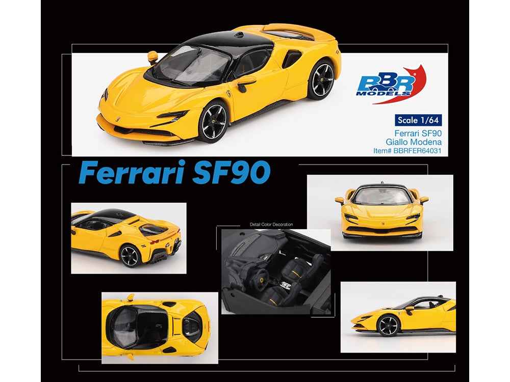 Ferrari SF90 Giallo Modena Yellow with Black Top 1/64 Diecast Model Car by BBR