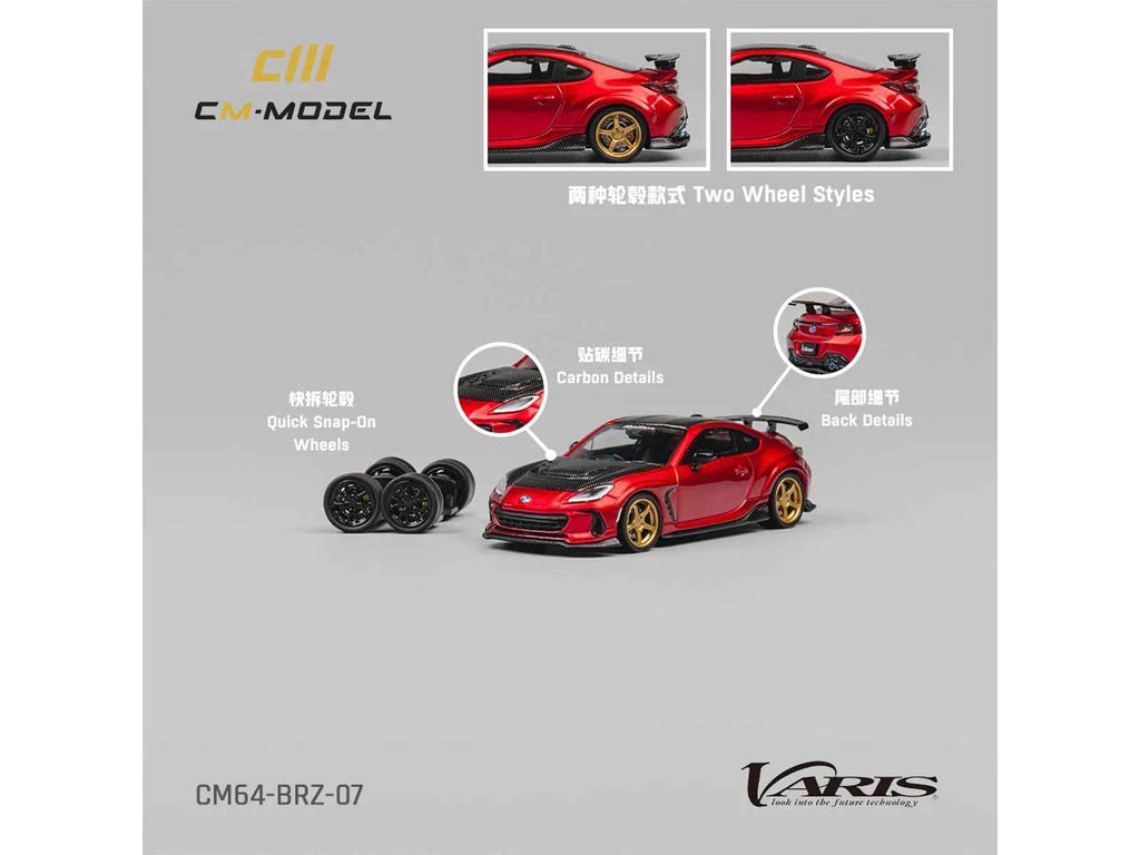 Subaru BRZ Varis Arising-1 RHD (Right Hand Drive) Red Metallic with Carbon Hood and Top and Extra Wheels 1/64 Diecast Model Car by CM Model