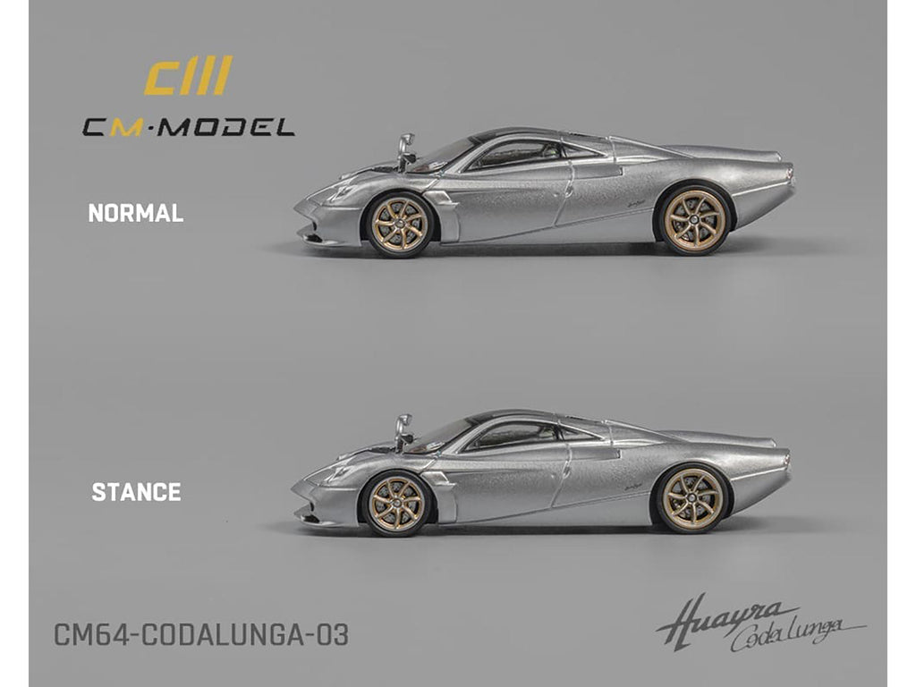 Pagani Huayra Codalunga Silver Metallic with Sunroof and Extra Wheels 1/64 Diecast Model Car by CM Model
