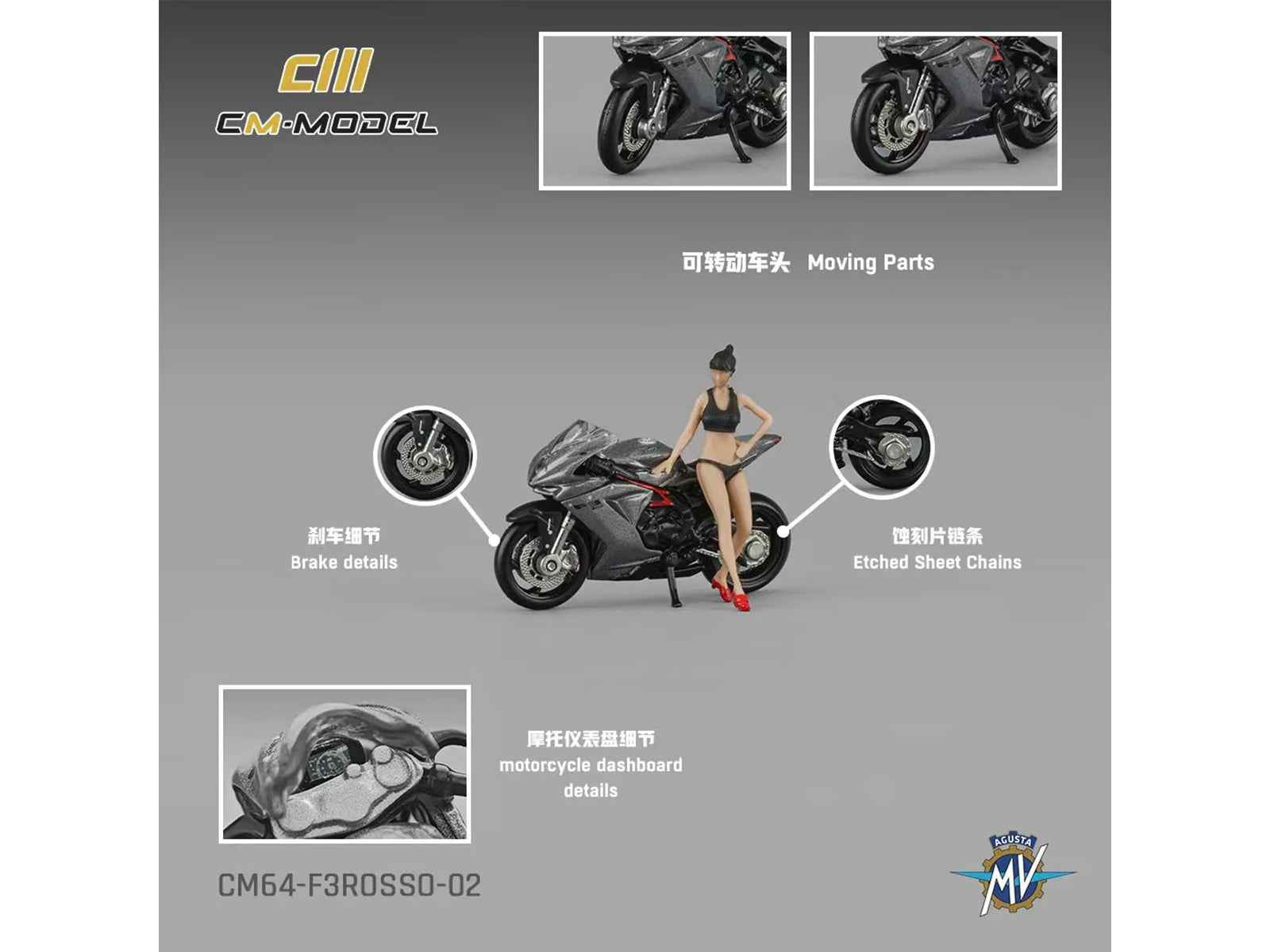 2022 MV Agusta F3 Rosso Motorcycle Silver Metallic with Figure 1/64 Diecast Model by CM Model