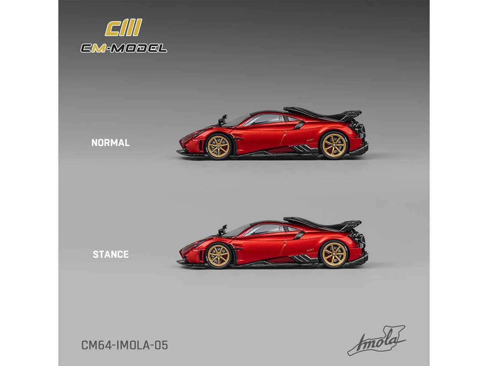 Pagani Imola Red Metallic with Carbon Top and Stripes with Extra Wheels 1/64 Diecast Model Car by CM Model