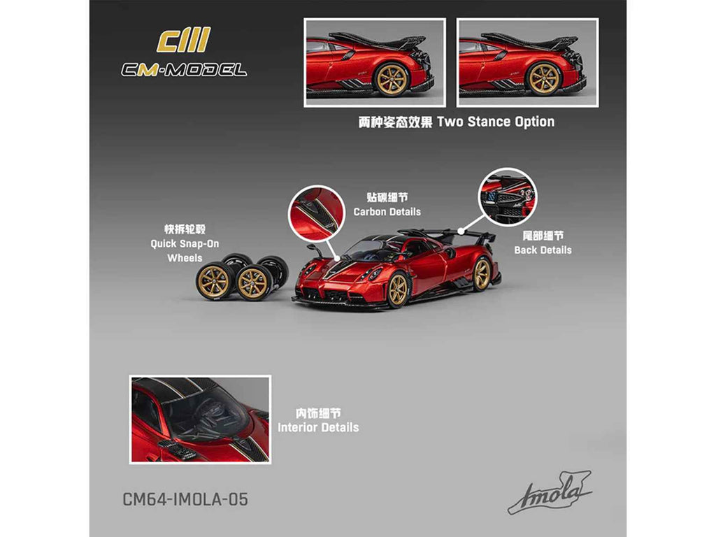 Pagani Imola Red Metallic with Carbon Top and Stripes with Extra Wheels 1/64 Diecast Model Car by CM Model