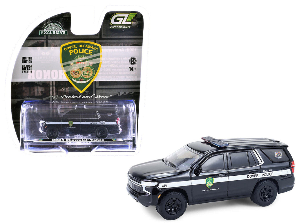 2024 Chevrolet Tahoe Police Pursuit Vehicle "Dover Police - 100th Anniversary Edition" Black with White Stripes "Hobby Exclusive" Series 1/64 Diecast Model Car by Greenlight