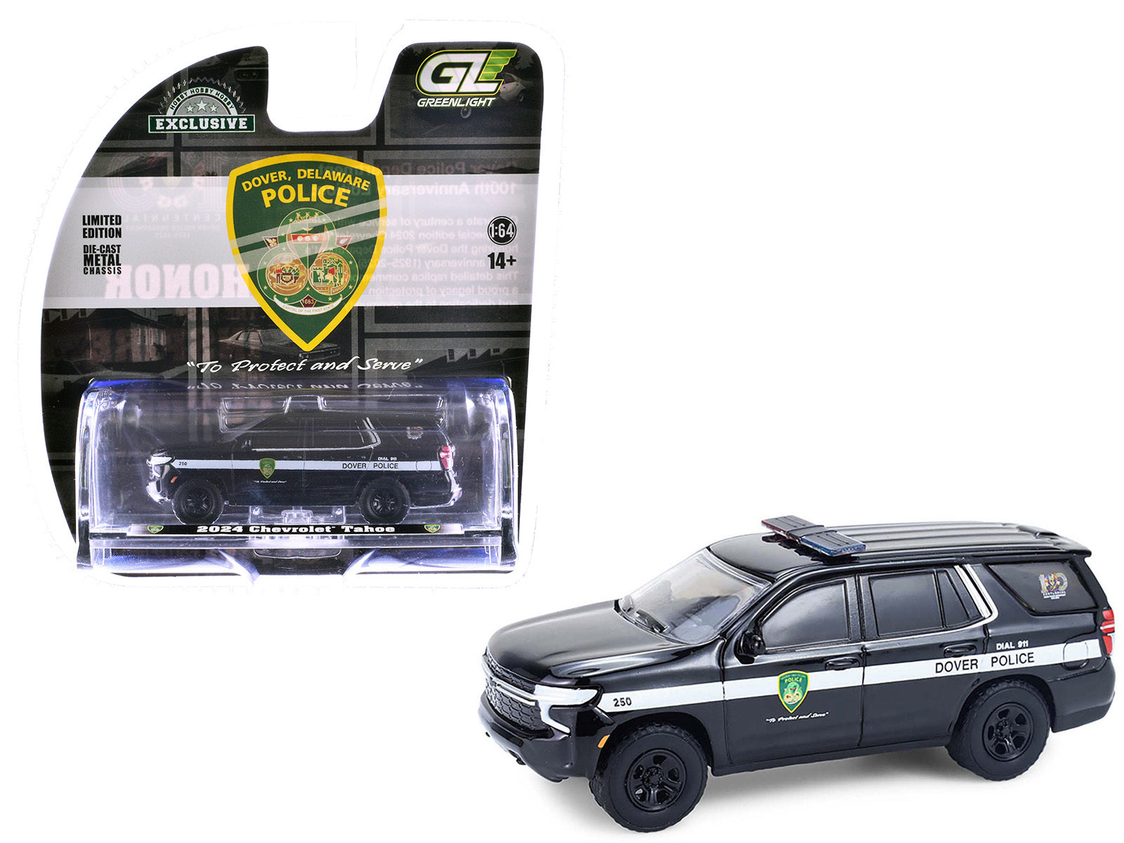 2024 Chevrolet Tahoe Police Pursuit Vehicle "Dover Police - 100th Anniversary Edition" Black with White Stripes "Hobby Exclusive" Series 1/64 Diecast Model Car by Greenlight