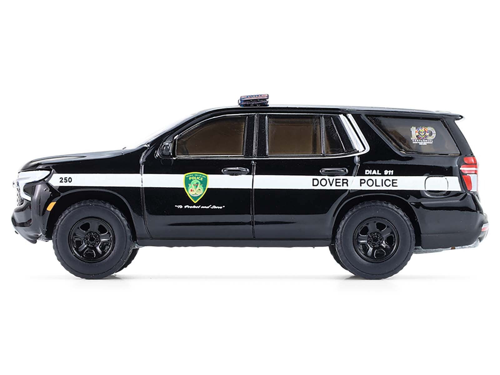2024 Chevrolet Tahoe Police Pursuit Vehicle "Dover Police - 100th Anniversary Edition" Black with White Stripes "Hobby Exclusive" Series 1/64 Diecast Model Car by Greenlight