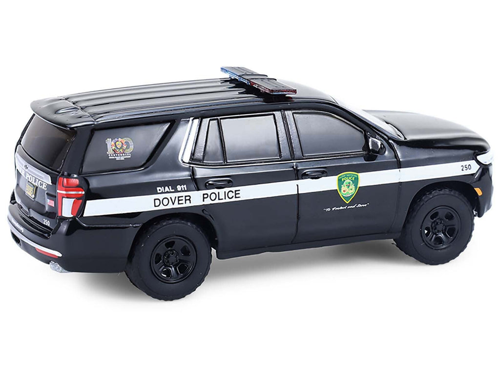 2024 Chevrolet Tahoe Police Pursuit Vehicle "Dover Police - 100th Anniversary Edition" Black with White Stripes "Hobby Exclusive" Series 1/64 Diecast Model Car by Greenlight