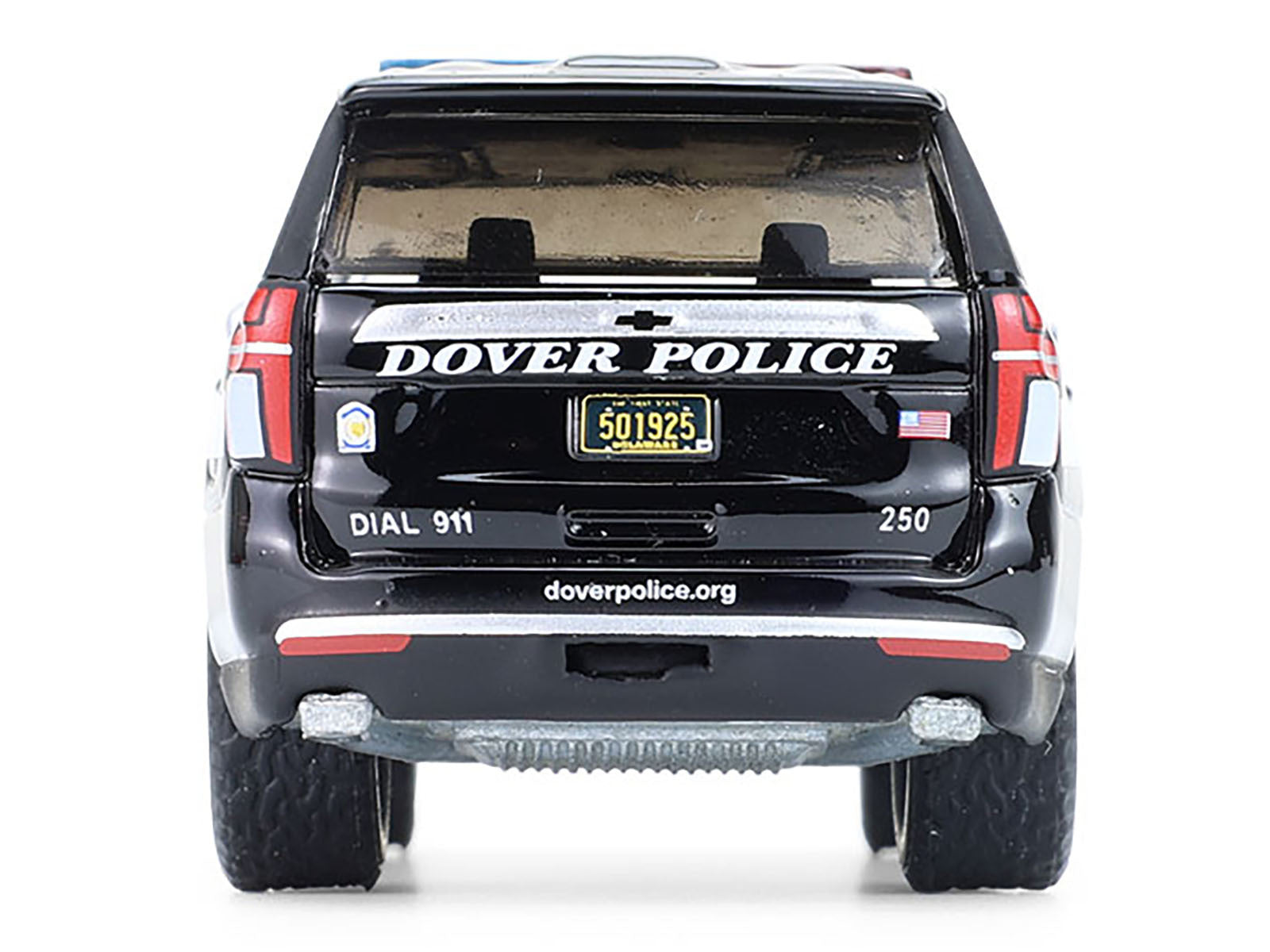 2024 Chevrolet Tahoe Police Pursuit Vehicle "Dover Police - 100th Anniversary Edition" Black with White Stripes "Hobby Exclusive" Series 1/64 Diecast Model Car by Greenlight