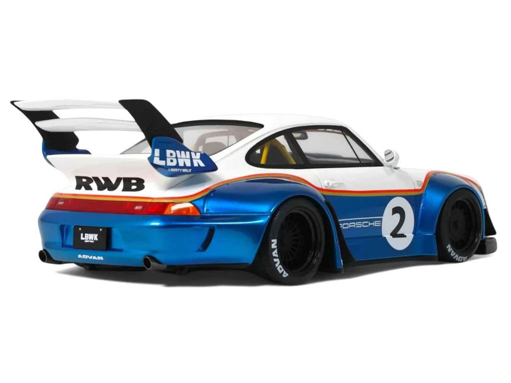 2023 RWB x Liberty Walk 993 #2 White and Blue Metallic with Graphics 1/18 Model Car by GT Spirit