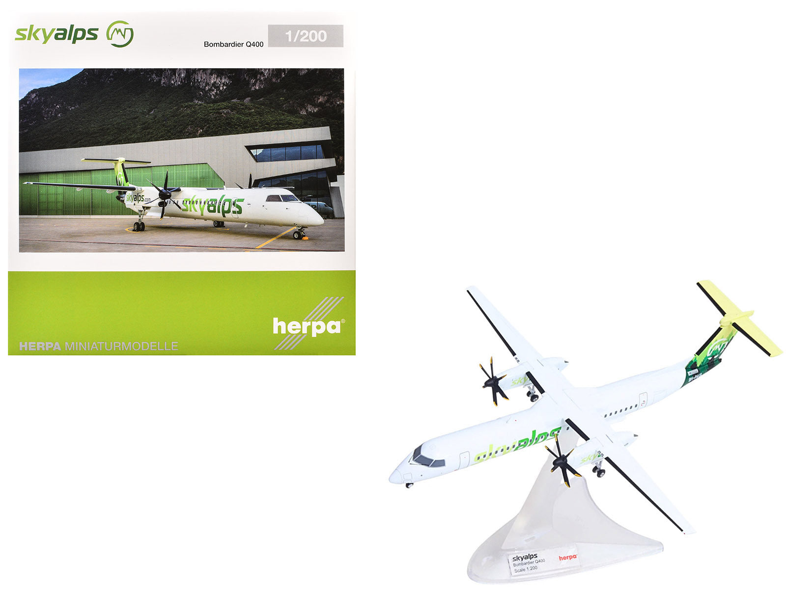 Bombardier Q400 Commercial Aircraft "Sky Alps" (9H-PAUL) White with Green Tail Graphics 1/200 Diecast Model by Herpa