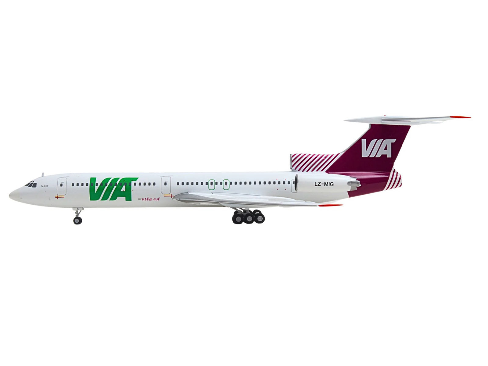 Tupolev TU-154M Commercial Aircraft "Air Via" (LZ-MIG) White with Red Tail 1/200 Diecast Model by Herpa