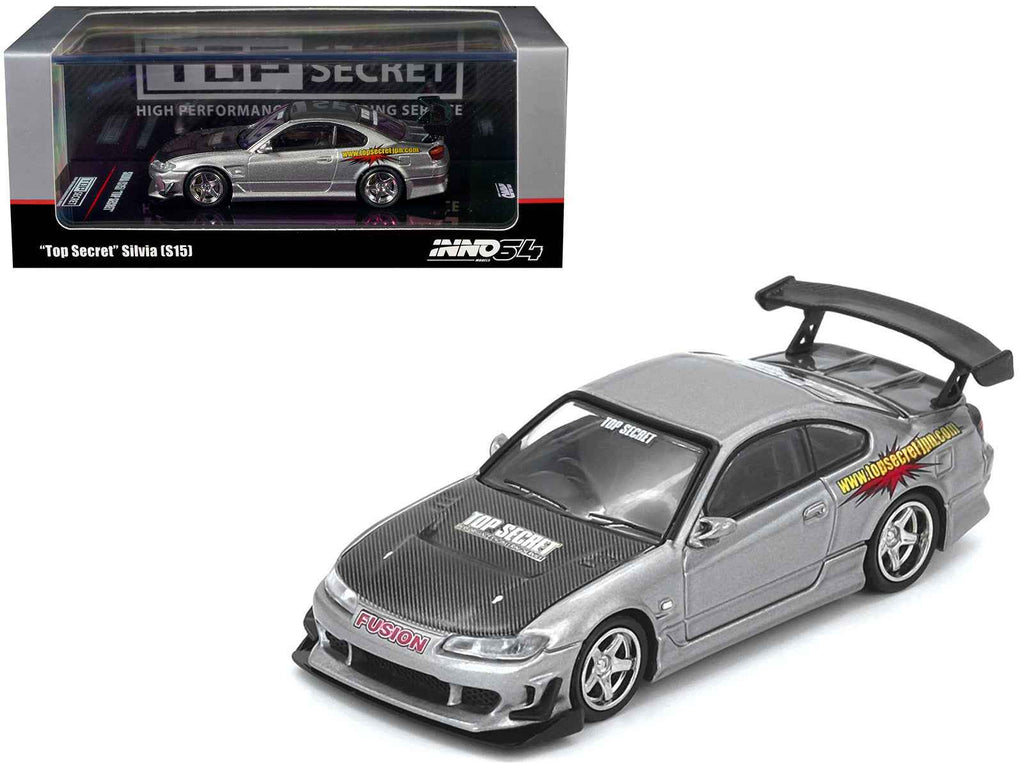 Nissan "Top Secret" Silvia (S15) RHD (Right Hand Drive) Silver Metallic with Carbon Hood 1/64 Diecast Model Car by Inno Models