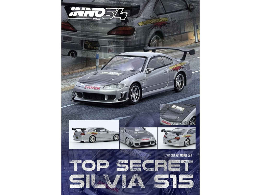 Nissan "Top Secret" Silvia (S15) RHD (Right Hand Drive) Silver Metallic with Carbon Hood 1/64 Diecast Model Car by Inno Models