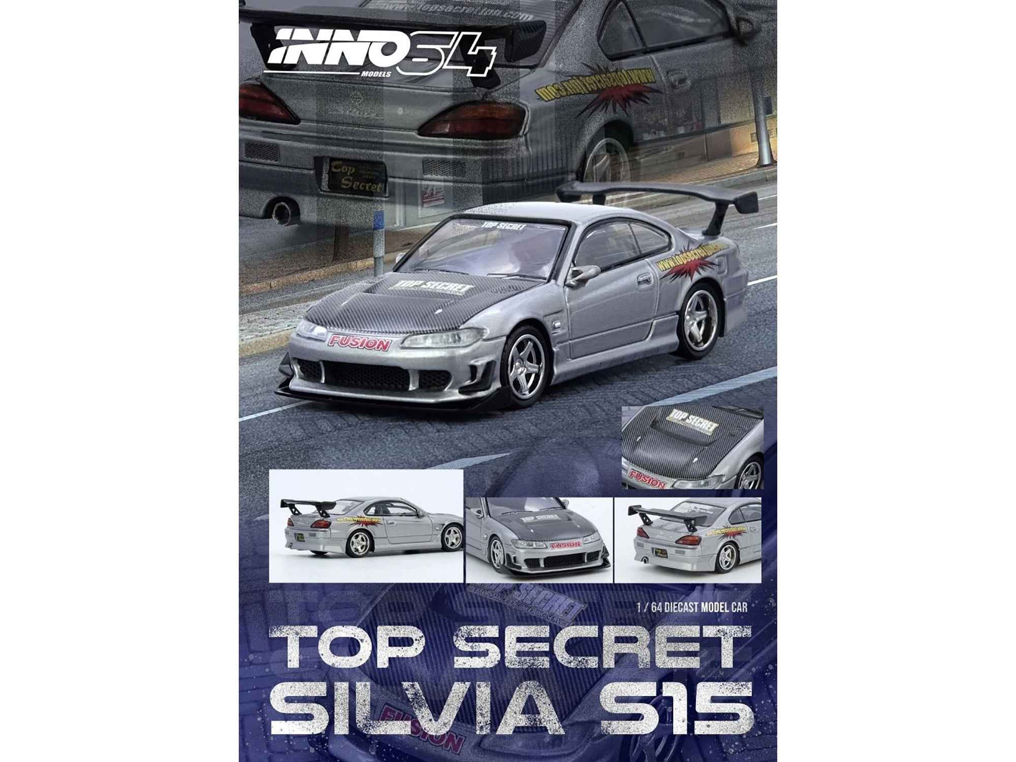 Nissan "Top Secret" Silvia (S15) RHD (Right Hand Drive) Silver Metallic with Carbon Hood 1/64 Diecast Model Car by Inno Models