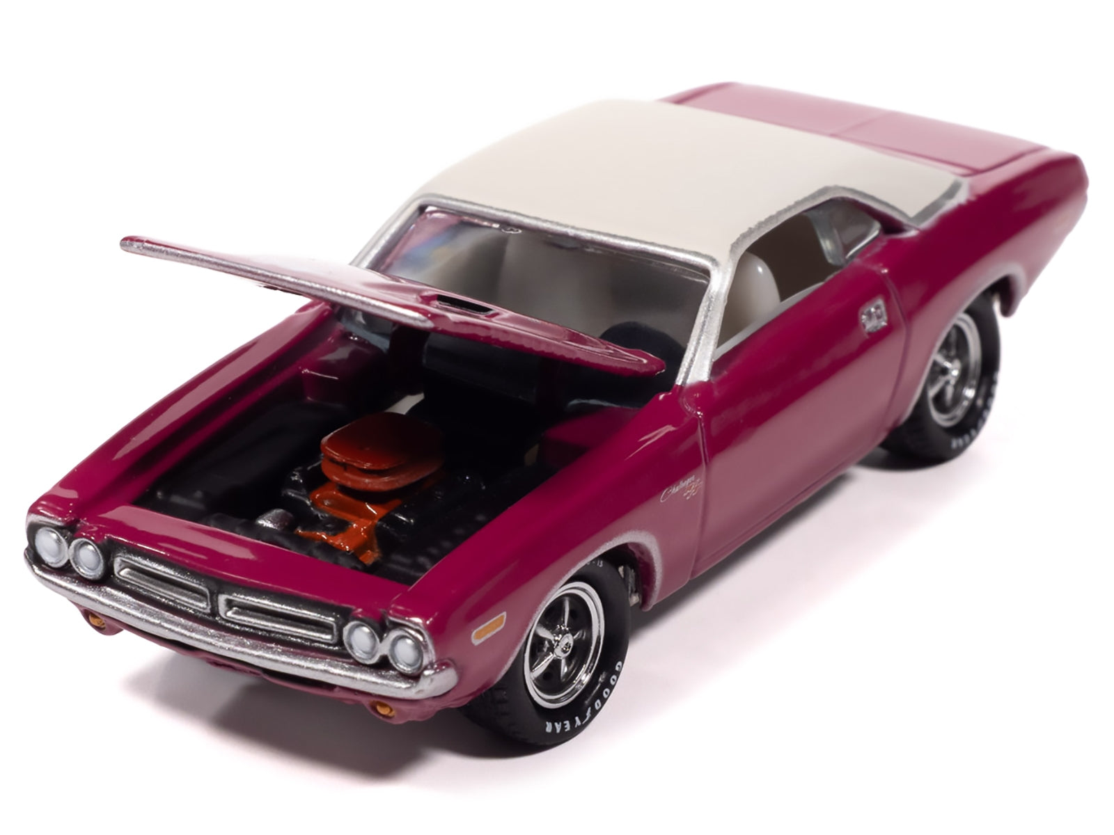1971 Dodge Challenger R/T Panther Pink with White Top and Interior "Classic Gold Collection" 1/64 Diecast Model Car by Johnny Lightning