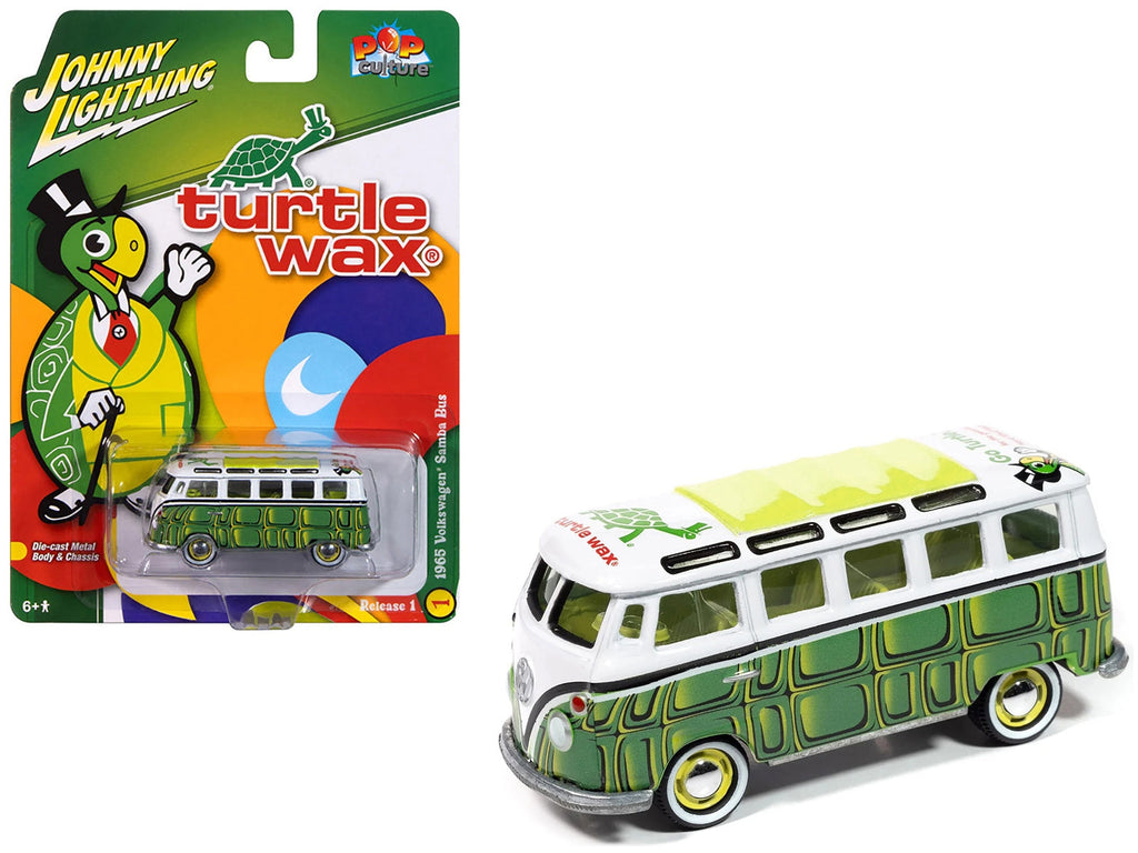 1965 Volkswagen Samba Bus "Turtle Wax" White and Green with Graphics "Pop Culture" 2025 Release 1 1/64 Diecast Model Car by Johnny Lightning